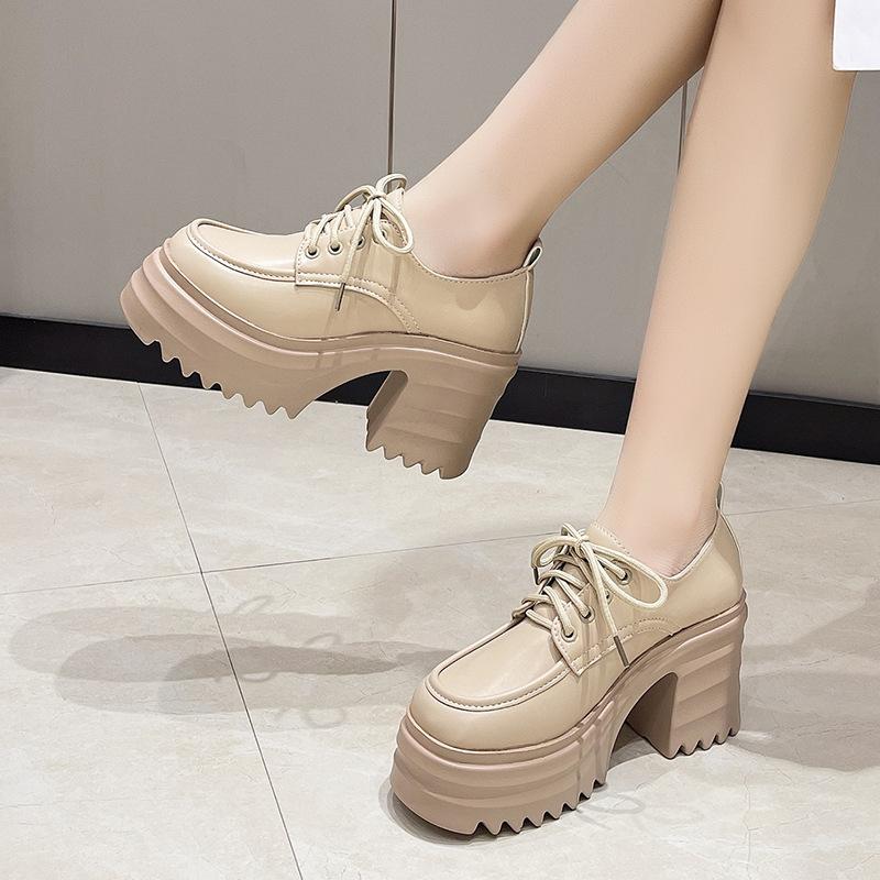 Dámské lodičky z PU kůže na platformě se čtvercovým podpatkem a šněrováním ve stylu Oxford, společenské boty na párty, pro hraní rolí, uniformu, módní boty na vysokém podpatku