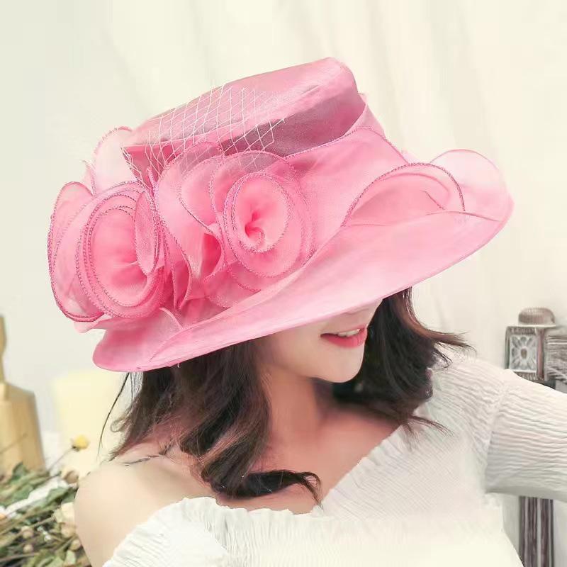Women's Vintage Organza Sun Hat with Mesh Flower Details