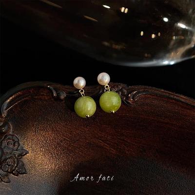 High-Quality Freshwater Pearl and Beige Jade Stud Earrings, New Chinese Style, Literary Retro Design