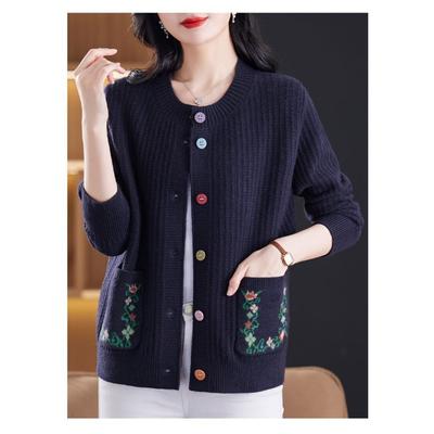 Moda Outono Inverno Suéter Jacquard Gola Redonda Coreano Cardigã de Tricô Solto Jaqueta Bordada Feminina