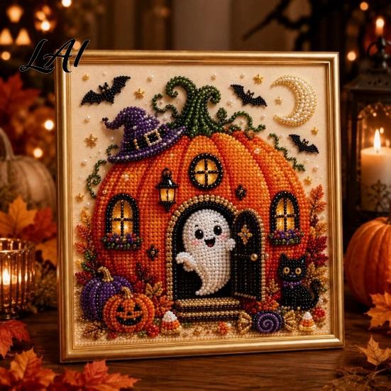 Halloween Craft Supplies Faux Pearl Painting Kit DIY Witchcraft Art 3D Seasonal Bead Wall Kit for Adults Beginners Handmade Holiday Decor Shiny