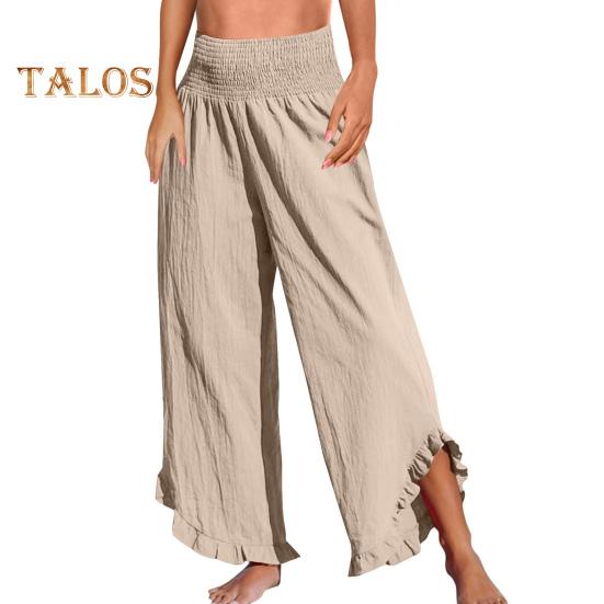 Pantaloni Casual pentru Femei, Plisați, Elastici, cu Talie Înaltă, cu Picior Larg, Pantaloni Lungi cu Buzunare, Manșete cu Volane, Croială Lejeră, Pantaloni de Timp Liber