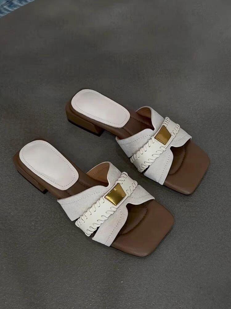 

Niche design sense sheepskin square head cool slippers women s new outer wear summer thick heel middle heel one-word sandals 40 белый