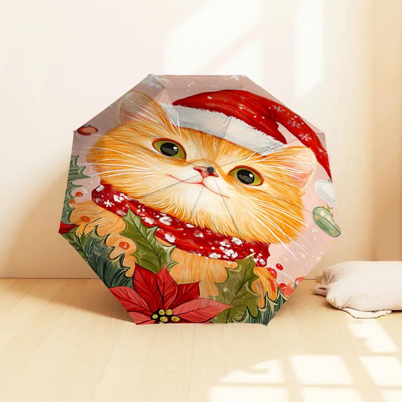Christmas Cat with Santa Hat & Scarf - Festive Holiday Gift for Fans, Travelers, Everyday Use | Auto Open Close Umbrella | Portable 3-Fold D