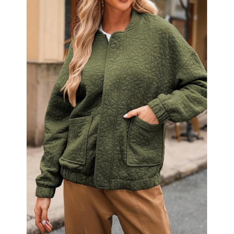 Women's Fall Plus Size Casual Jacquard Cardigan Jacket Lightweight Zipper Solid Color Long Sleeve Jackets