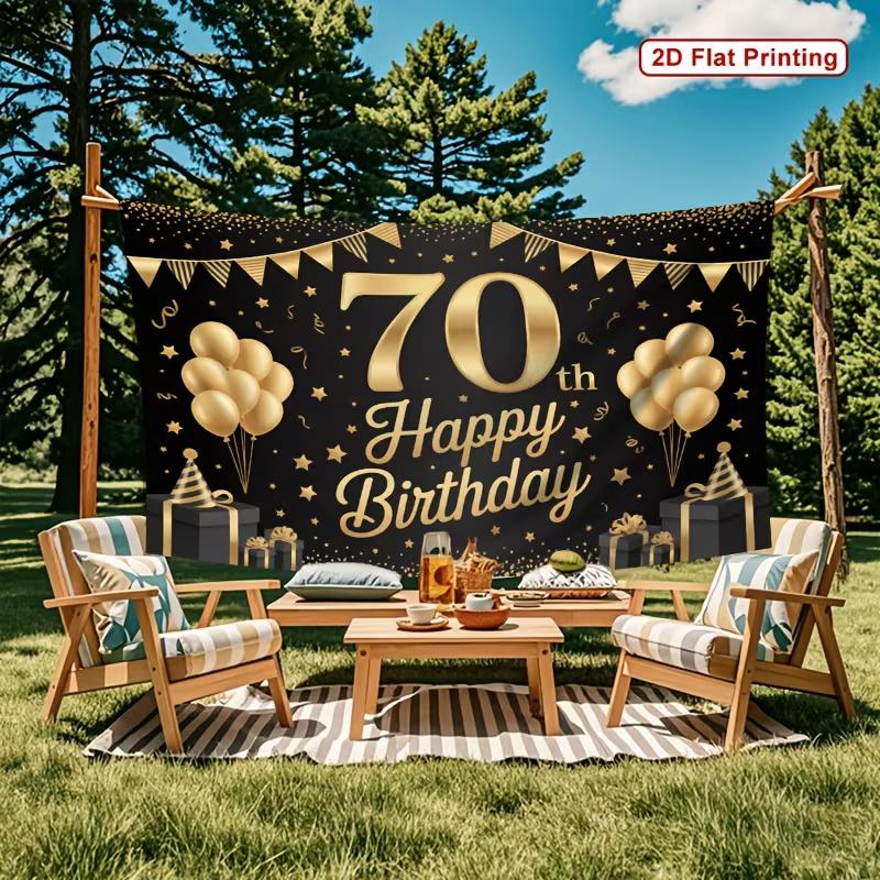 2D 70th Birthday Backdrop Black Gold Stars & Pennant Flags Photography Prop