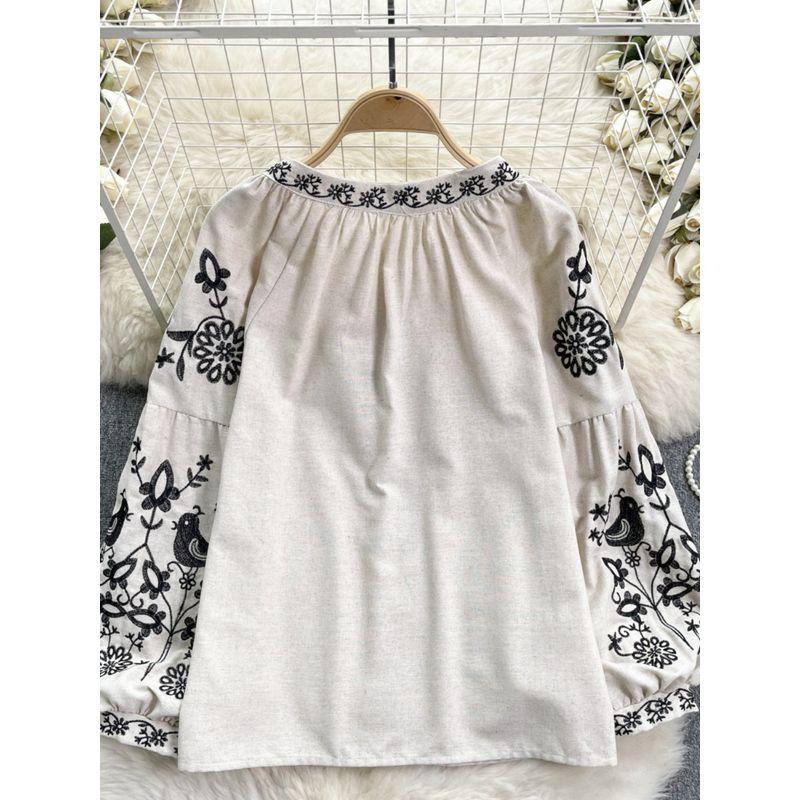 Ethnic Style Retro Machine Embroidery Shoelace Tassel round Neck Loose Slimming Youthful-Looking Puff Sleeve Top Women's Holiday Shirt