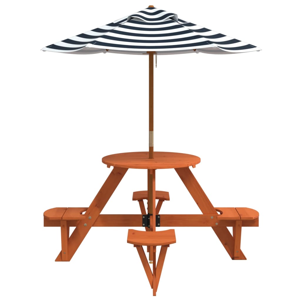 4 Child Picnic Table with Sun Umbrella Round Pine Wood