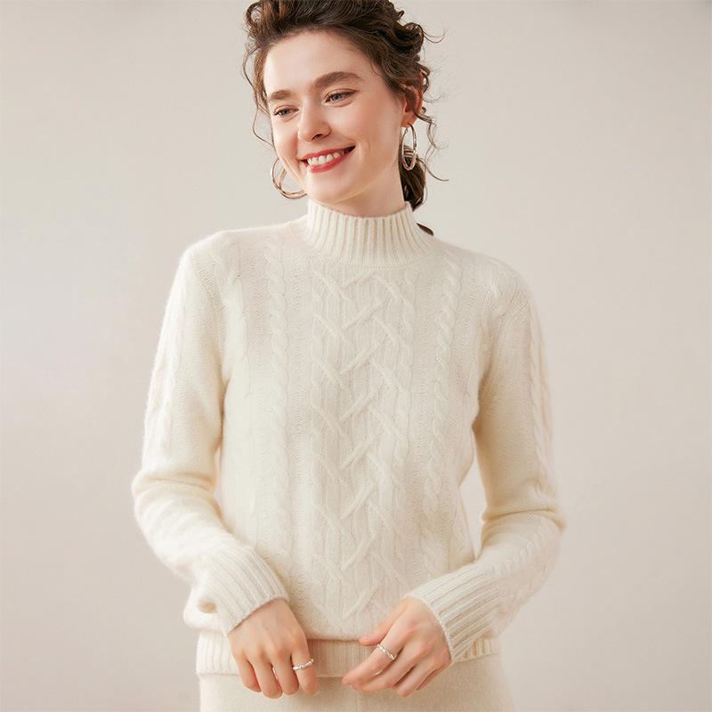 Women's Autumn/Winter Cashmere Cable Knit Sweater - Warm, Slimming, and Fashionable with Half-high Collar