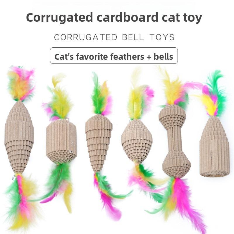 New Pet Cat Bell Feather Dumbbell Fun Cat Stick Toy Eco-friendly Corrugated Claw Grinding Toy