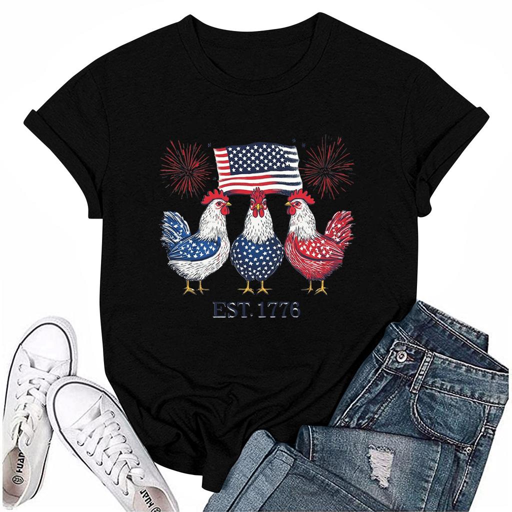 Camiseta feminina casual com estampa do Dia da Independência e gola redonda, manga curta