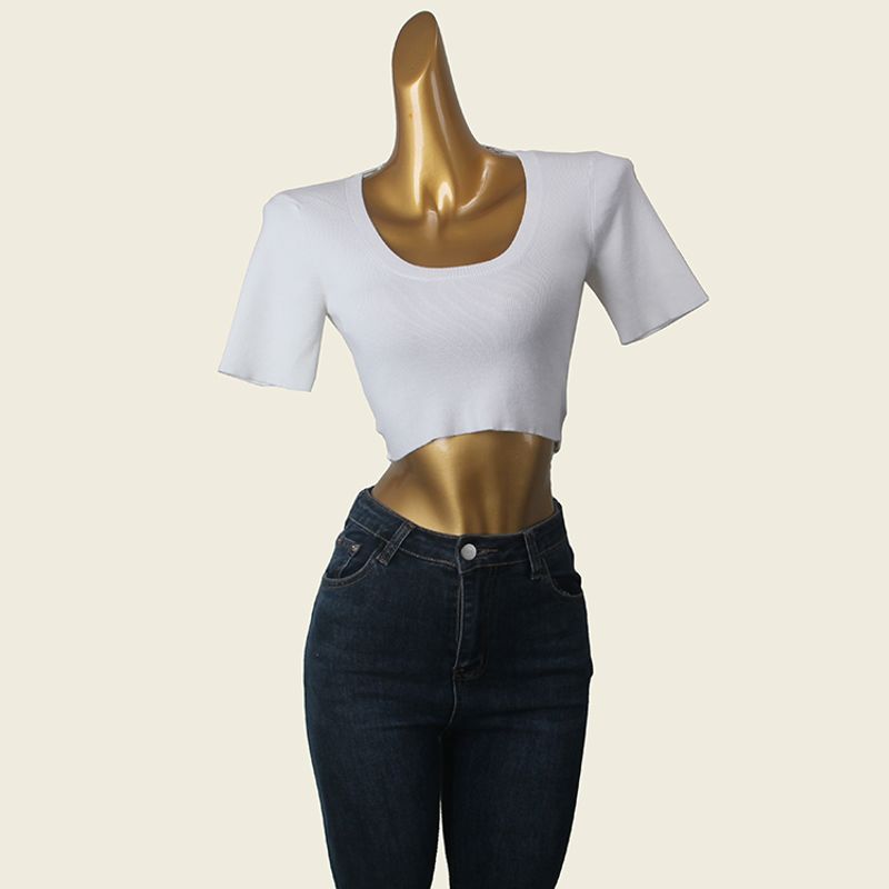 American Style Sexy Beauty Back T-shirt Summer Low round Neck Sexy Pure Color Short Sleeve Knitting Short Tops