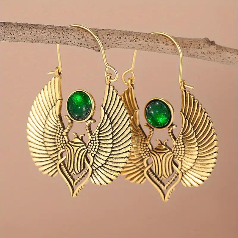 Vintage Golden Egyptian Style Sacred Wings Beetle Design Inlaid Emerald Hoop Earrings Gold Color Earring Party Gift