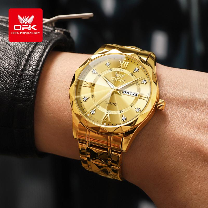 OPK Brand Original Men's Watches Waterproof Week Calendar Quartz Watch for Men Fashion Luminous Diamond Scale Watch