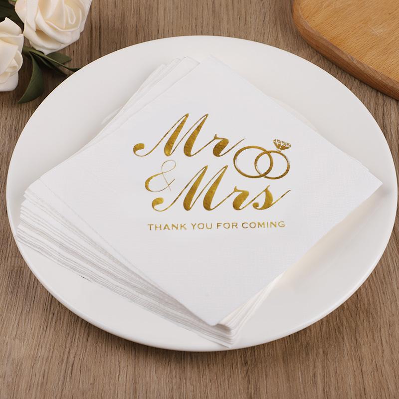 20-100 stuks Mr Mrs papieren servetten Bruiloft Tafeldecoratie Bronzing Cocktail Dessert Wegwerpservet Vrijgezellenfeest Benodigdheden