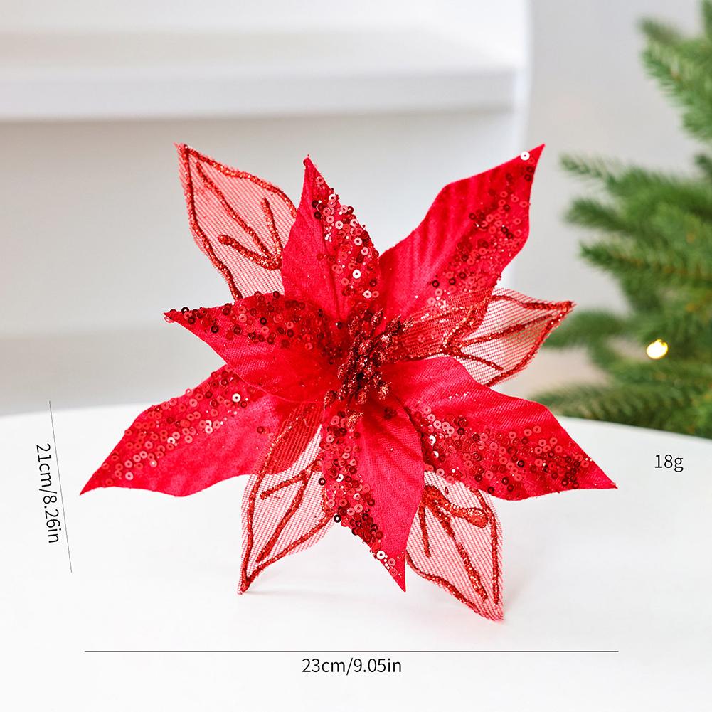 Artificial Holiday Flowers Glitter Poinsettia Flowers Shimmering Stamen Textured Look With Pearls Glitter Flower
