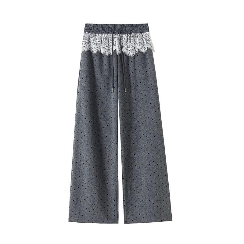 Women's Lace Patchwork Polka Dot Wide-Leg Elastic Waist Pants, Loose Fit, Floor-Length - Spring/Summer 2025 Collection