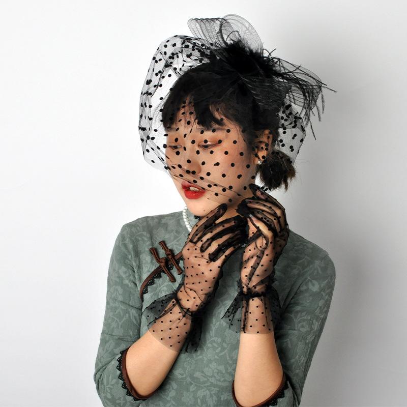 1920S Prom Spotted Headgear Veil Set Vintage Prom Gloves Combination