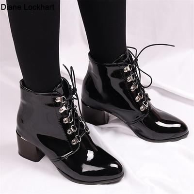 Spring Autumn New Arrival Fashion Women Lace Up Patent Leather Ankle Pointed Tick Heels Platform Punk 43