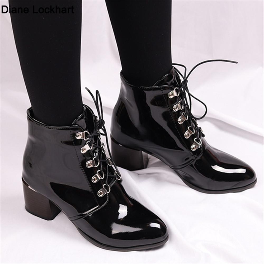 Fashion Spring Autumn New Arrival Fashion Shoes Women Boots Lace-up Patent Leather Ankle Boots Pointed Tick Heels Platform Boots Punk 43