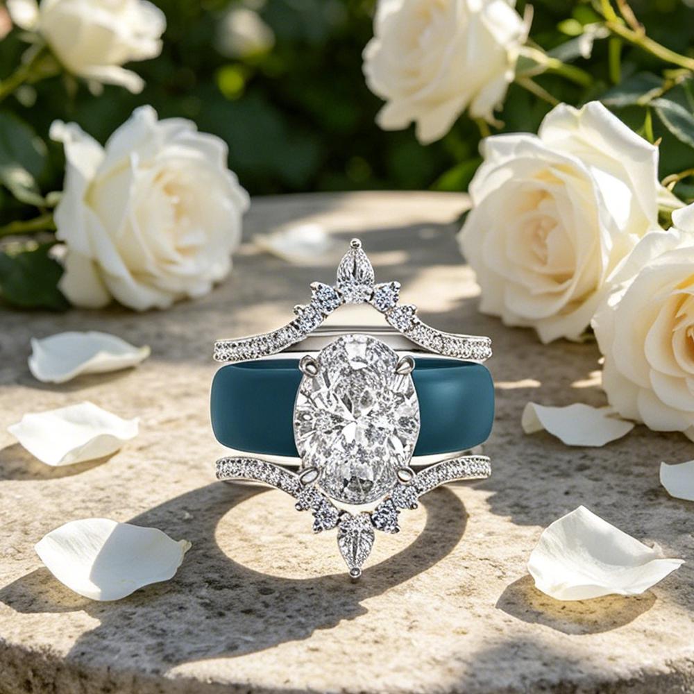Teal/Blue Silicone Crown Wedding Ring Set S Oval Cut CZ Stackable Engagement Rings for Women Bridal Promise Jewelry Gift