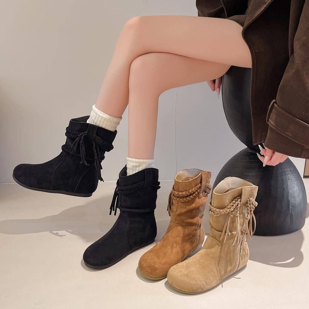 New Style Pleated Stack Boot Women's Fall Round Toe Suede Cover Foot Woven Strap Non-slip Block Heel Mid-leg Boots Zapatos Mujer
