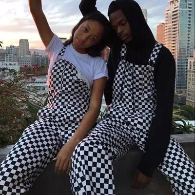 black and white plaid overalls