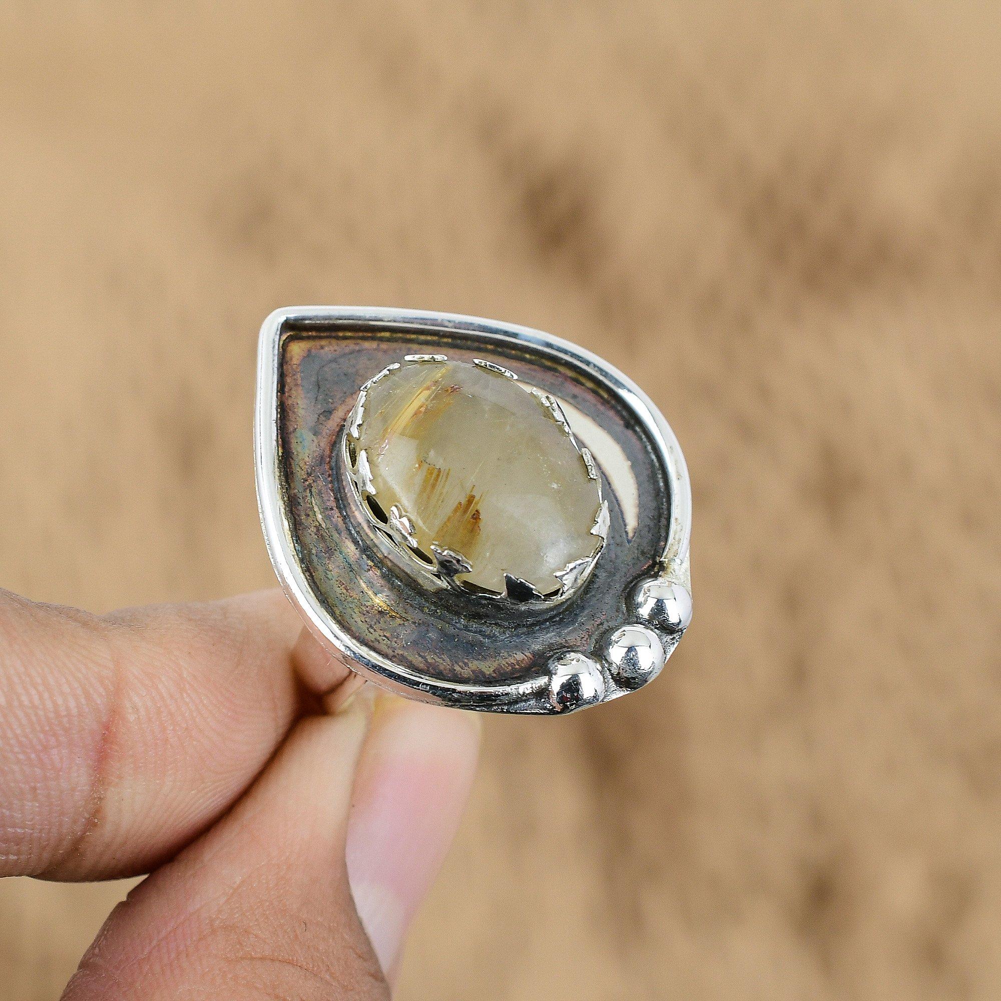 

Birthday Gift For Her Natural Golden Rutile Promise Adjustable Ring 925 Silver Yes