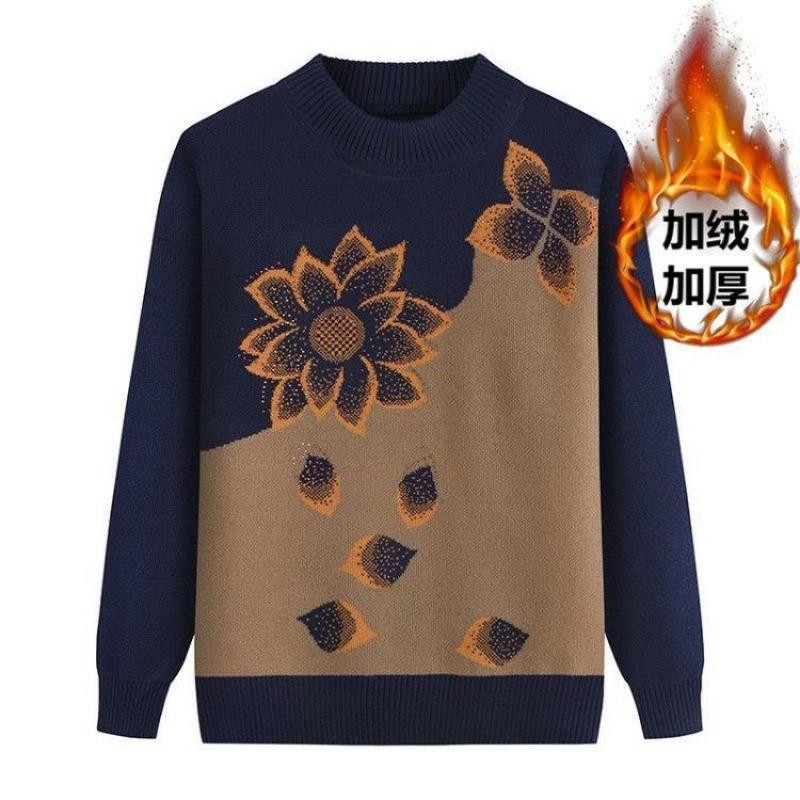 Одежда для мам среднего и пожилого возраста, осенне-зимний пуловер с длинным рукавом, свитер, плюс бархатная утолщенная XXXL коричневый