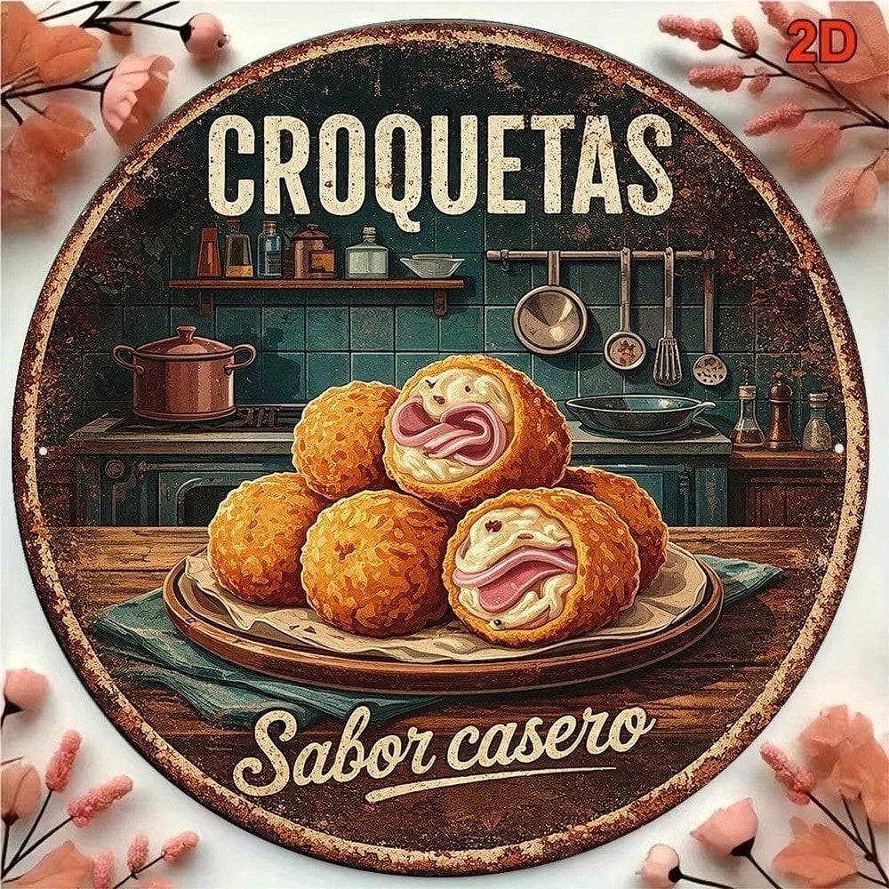 1pc Vintage Croquetas Tin Sign 8x8in Round Metal Plaque Spanish Cuisine Wall Art Kitchen Bar Decor