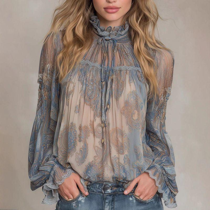 2025 European-Style Autumn New Fresh and Elegant Doll Shirt with Bamboo Floral Print and Small High Collar Blue XS