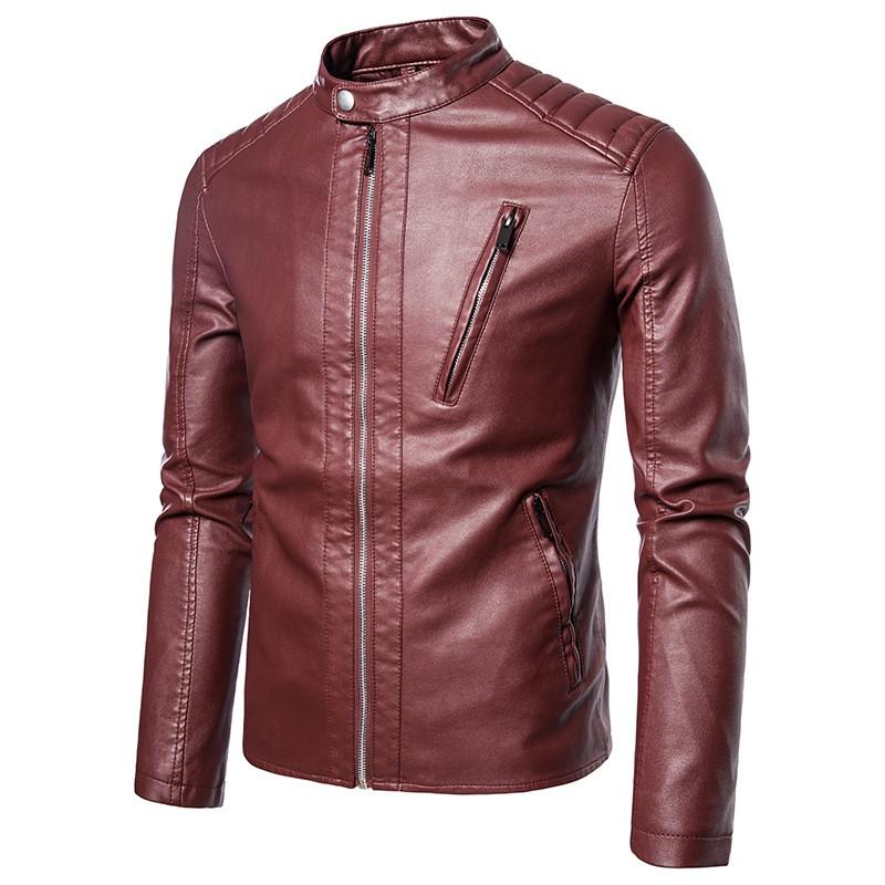 Mens Slim Fit PU Leather Jacket Trendy Stand Collar Casual Motorcycle Coat