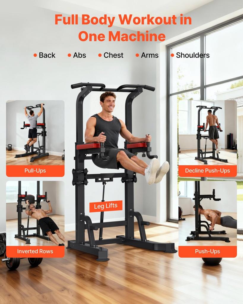 Pull-up Bar, 150kg Power Tower Dip Station, Trainings Dip Station met H-vormige Stabiele Basis & Hulpplatform, Verstelbare 9 Niveaus Hoogte Pull-up