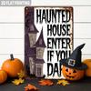 Vintage Haunted House Metal Sign 8x12 Inch, Enter If You Dare, Rustic Gothic Halloween Wall Decor, Black & Purple Spooky Gift