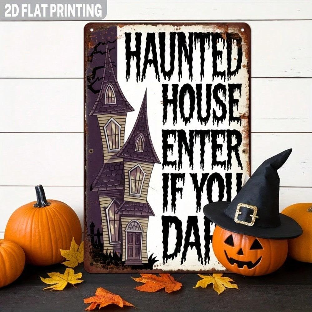 Vintage Haunted House Metal Sign 8x12 Inch, Enter If You Dare, Rustic Gothic Halloween Wall Decor, Black & Purple Spooky Gift
