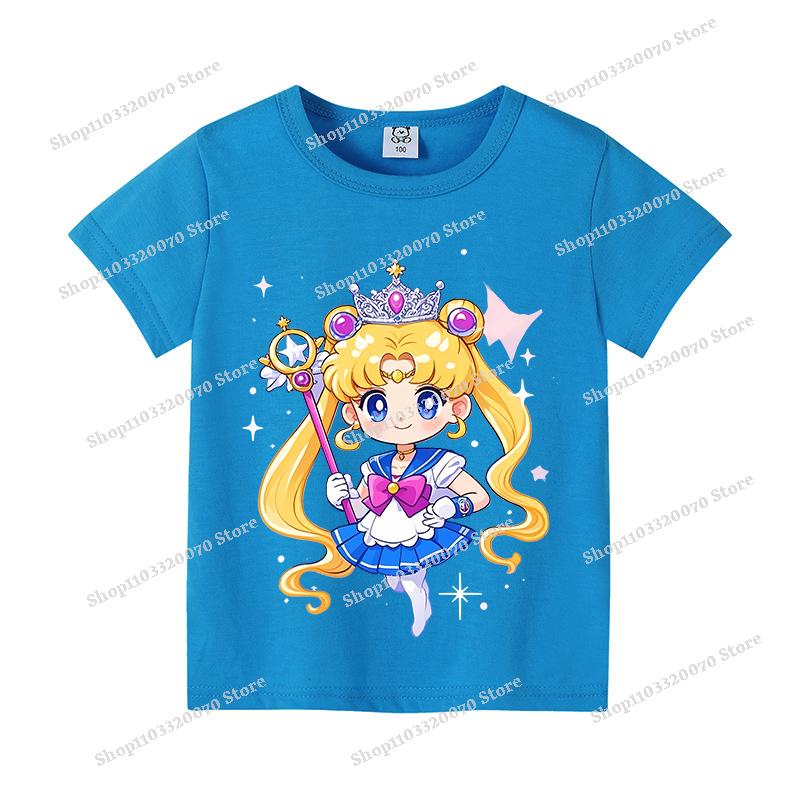 Sailors Moons Cotton T-shirt Sweet Anime Printed Girl Short Sleeve Cartoon Casual Kids Shirts Summer Child Tops