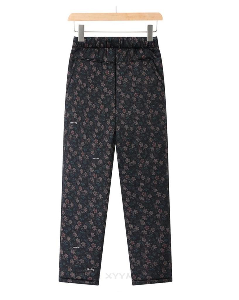 Women's Plus Size Warm Cotton Pants - Elastic Waist, Comfortable, Loose, Printed, Winter, Middle-Aged & Elderly 