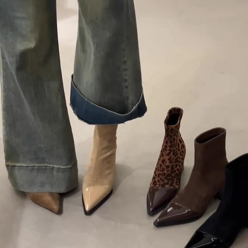 Square Heel Ankle Modern Boots Winter Slip-on Women's Shoes on Sale 2024 Fashion Pointed Toe Low Heel Leopard Mixed Colors Boots