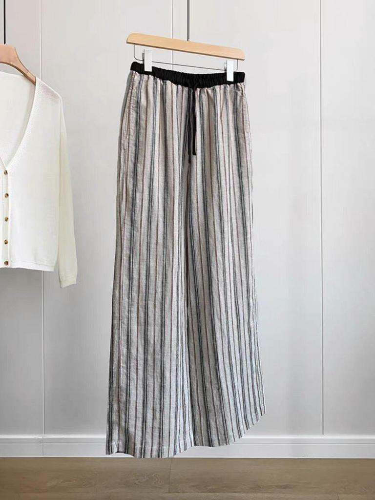 Women's Striped Linen Trousers: Fashionable, Cowhide, Minimalist, Wide-Leg with Drawstring Waist.