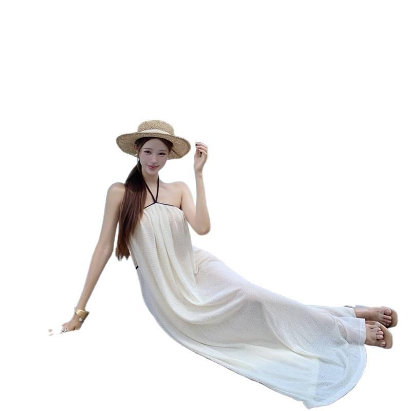 French gentle beige contrasting color neck dress women's summer hollow waist thin elegant holiday tube top dress