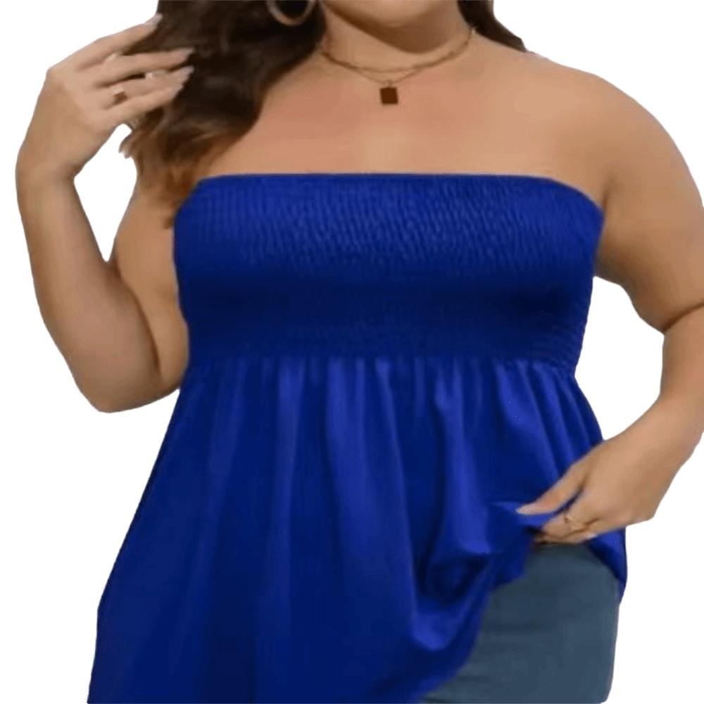 Solid Color Women Vest Top Loose Fit Strapless Tube Top Ruffled Plus Size Tank Top  Casual Wear XL синий