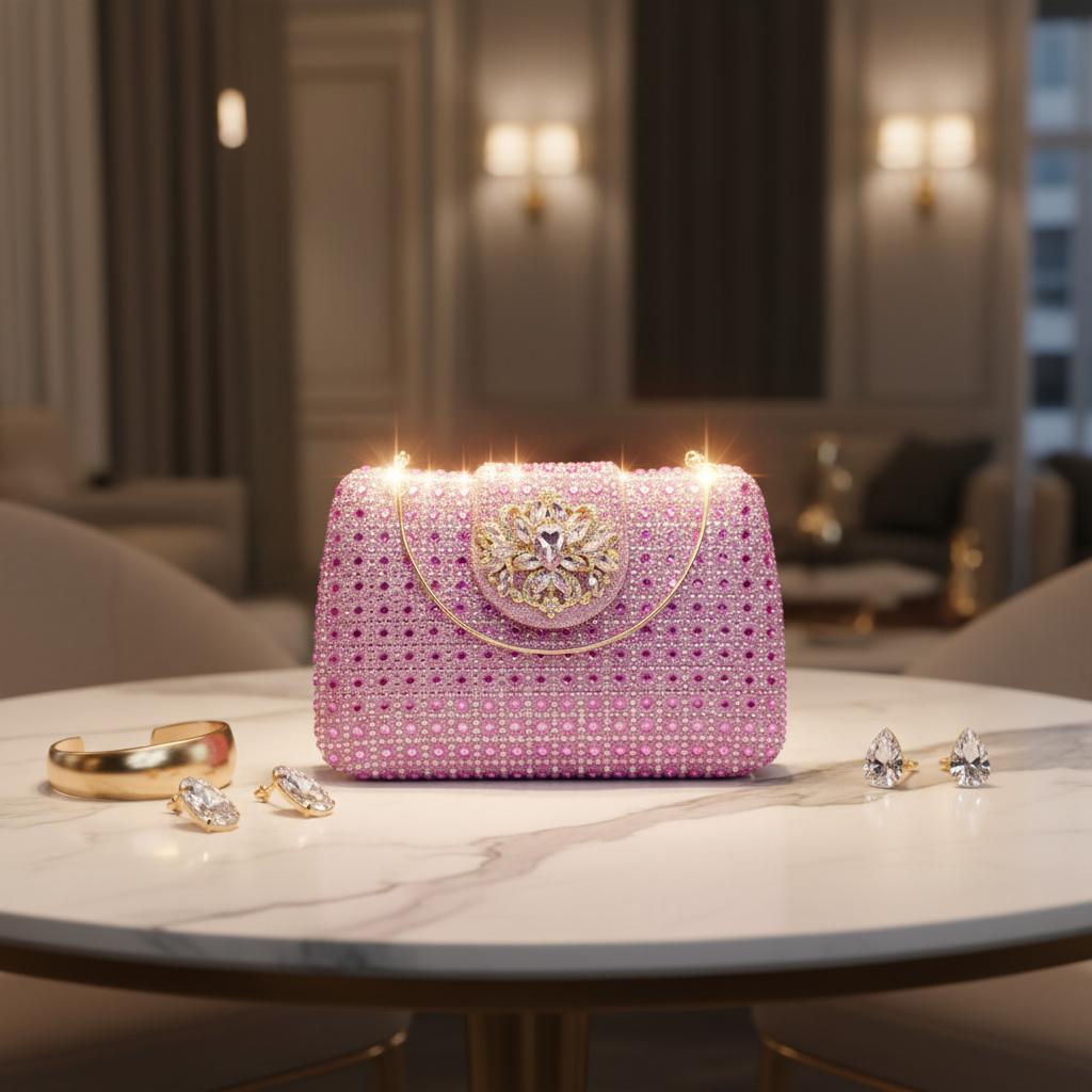 2026 High Stand Rhinestone Clutch Bag Diamond-Embellished Plaid Pattern Fully Embellished Magnetic Clasp New Women's Evening Bag