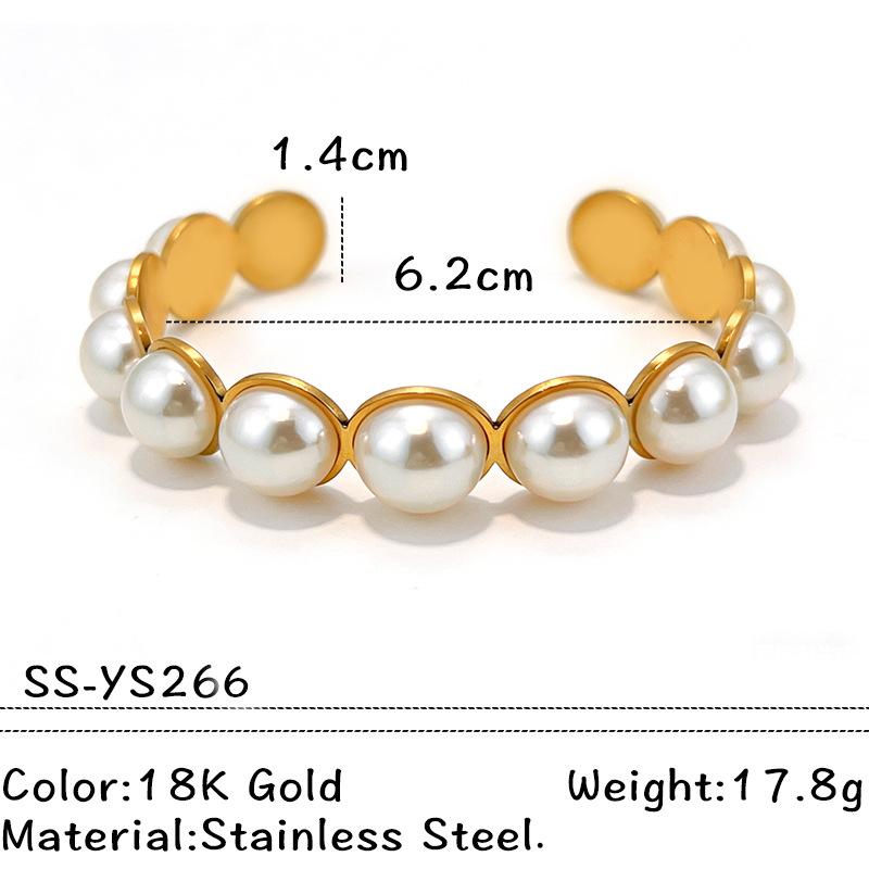 Exaggerated Imitation Pearl Bracelet for Women Vintage Stainless Steel Smooth Heavy Metal Open Bangles Steampunk Jewelry