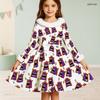 Girls High Neck Long Sleeve Printed Dress White Purple Cartoon Print Furry Trim A Line Flared Hem