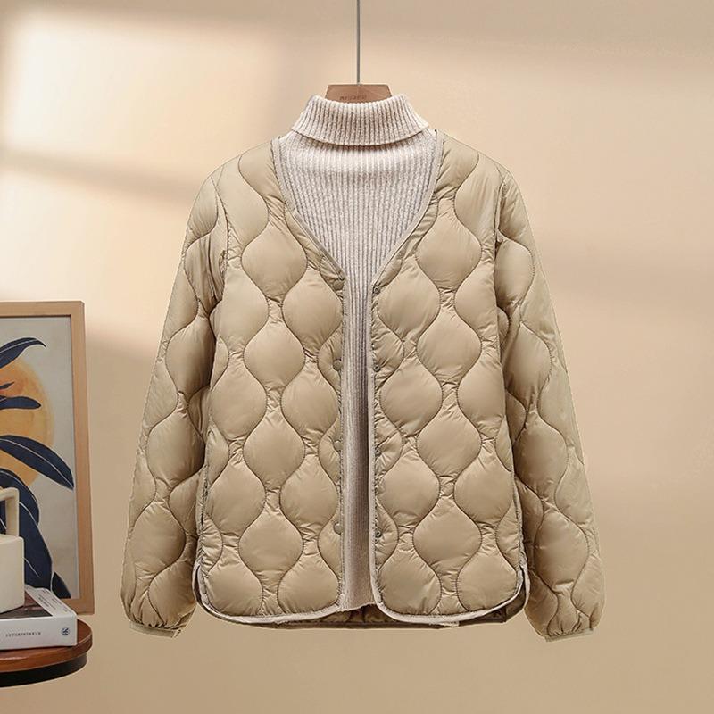 Light down cotton short jacket women's winter new solid color rhombus casual interior with warm small cotton jacket top