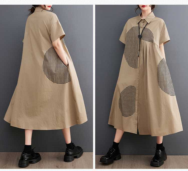 Loose Plus Print Medium Long Artistic Retro Short Sleeved Shirt Dress