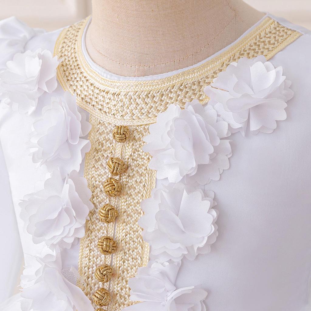 Bílé šaty s dlouhým rukávem ve stylu blízkovýchodní róby s 3D květinami a pleteným páskem pro roční holčičky