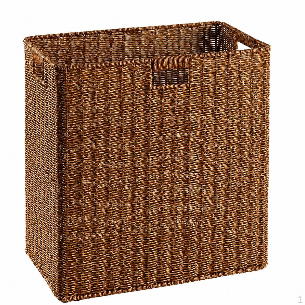 Woven Storage Baskets, Rectangular Wicker Basket with CutOut Handles, Tan Synthetic Rattan for