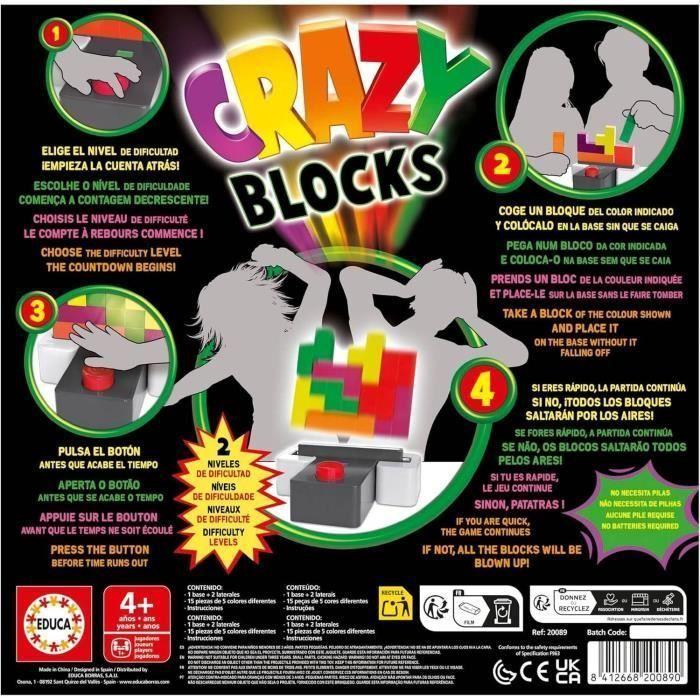 Skill Game - EDUCA - CRAZY BLOCKS - 15 Colorful Blocks - From 4 Years Old - 2 Players or More