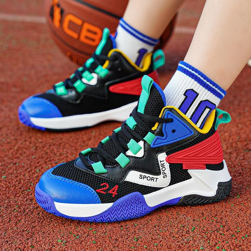 Boys Basketball Shoes Rotary Buckle Mesh Teen Children's Sneakers Boys' Shoes Breathable Boys Outdoor Training Shoes